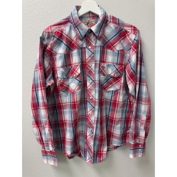 Wrangler Western Shirt Mens Medium Plaid Red Blue Cowboy Rodeo‎ Snap Front - Picture 1 of 7